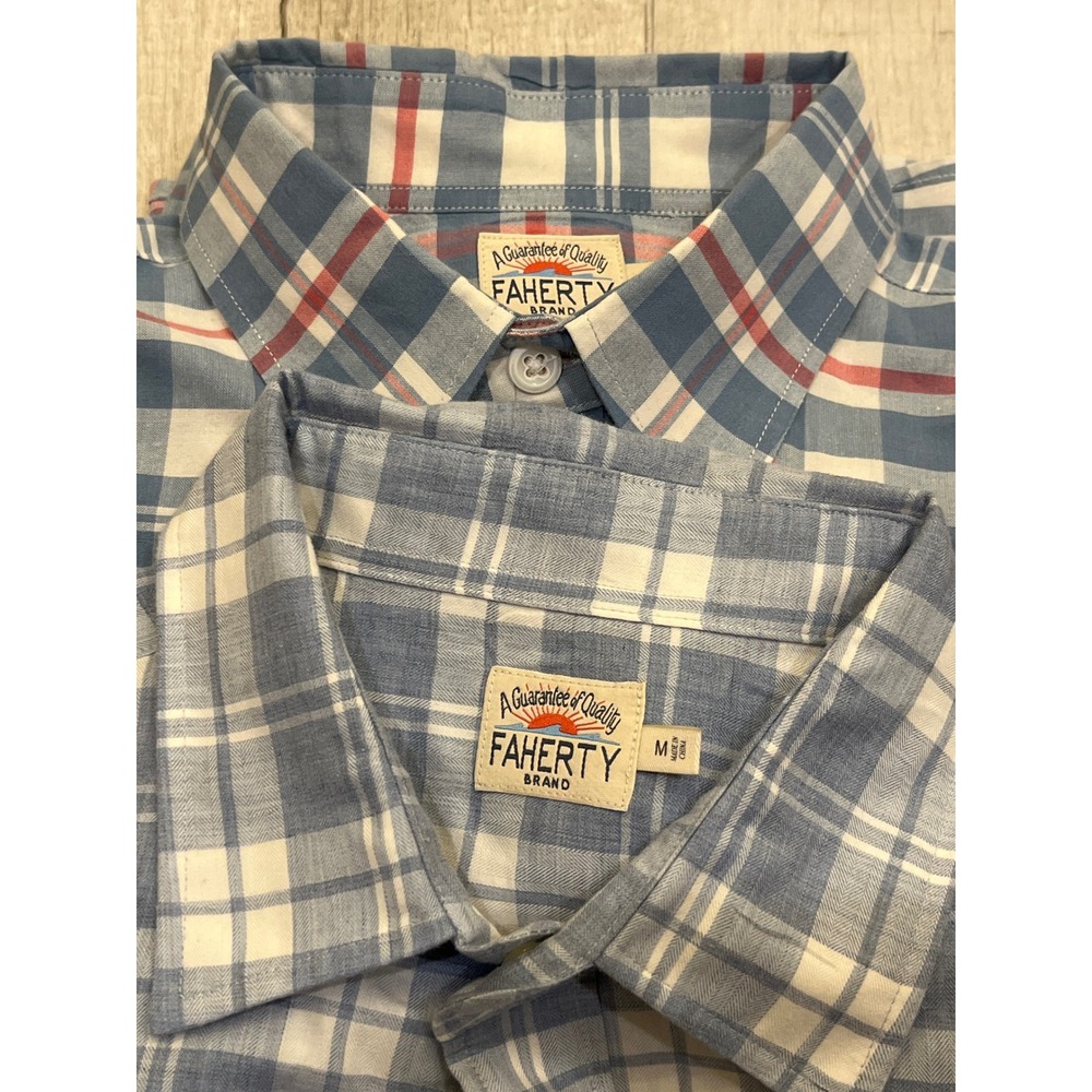 Lot of 2 Faherty Brand Mens Plaid Button Down Shirts Blue Red White Size Medium